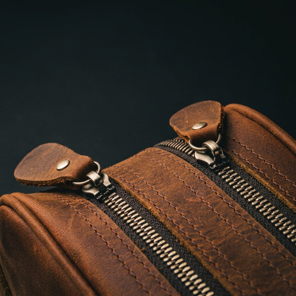 Brushed steel zipper detail on full-grain leather