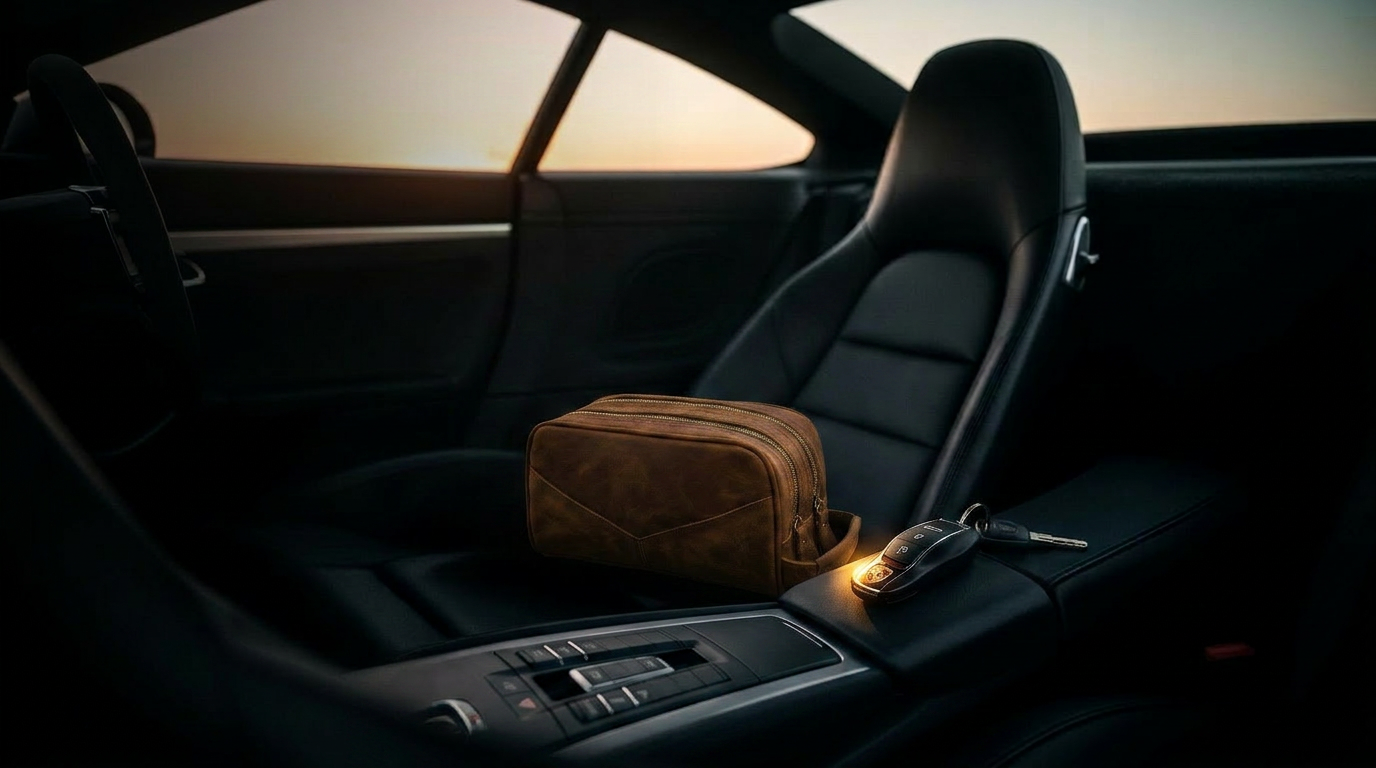 ALL Carry leather bag on the passenger seat of a black Porsche 911 at sunrise