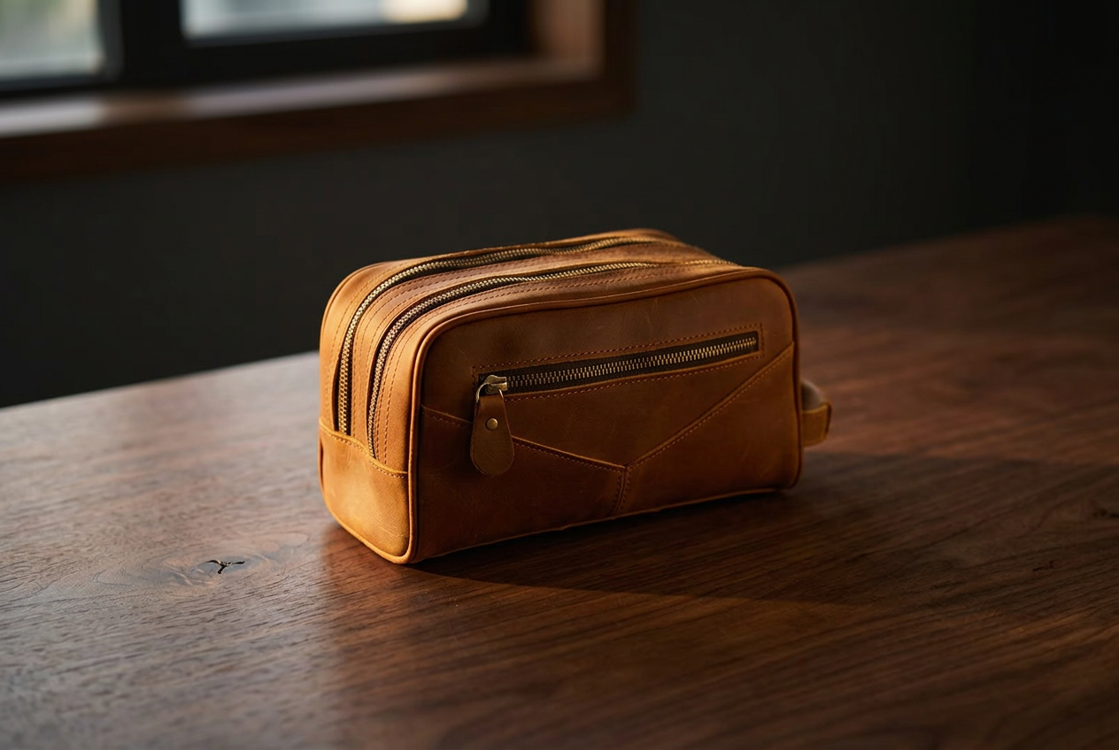 ALL Carry leather bag on a walnut table at first light