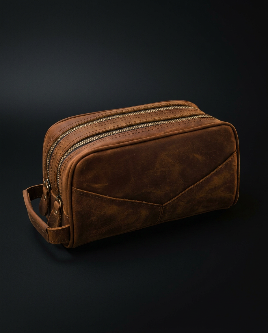 ALL Carry full-grain leather dopp bag, studio three-quarter view